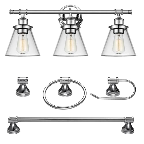 Image of Globe Electric 51234 5-Piece All-in-One Bathroom Set, Chrome, 23 inch 3-Light Vanity Wall Light with Clear Glass Shades, Towel Bar and Ring, Robe Hook, Toilet Paper Holder, Beauty Room Accessories