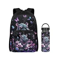 Yreiwoby Kids Backpack with Lunch Box Hippopotamus Backpack for Middle School Girls Animals Print Kids Water Bottle Insulated