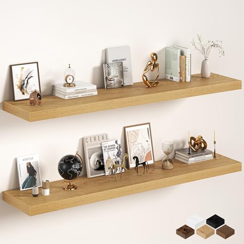 Image of Fun Memories 72 Inch Floating Shelves, 12 Inch Deep Wall Shelf for Fireplace Mantel, Deep Storage Shelves for Home & Office, Long Floating Shelf with Invisible Bracket, Oak, Set of 2
