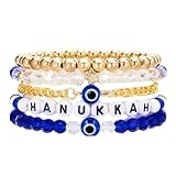 KZL Hanukkah - Pulseras elásticas apilables con cuentas de arcilla y estrella de David, con dije de ojo malvado, pulseras elásticas Heishi, color azul y blanco, joyería judía de Janucá, 4.8cm, Vinilo