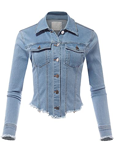 FashionMille Women's Frayed Hem Long Sleeve Button Up Color Jean Denim Jacket
