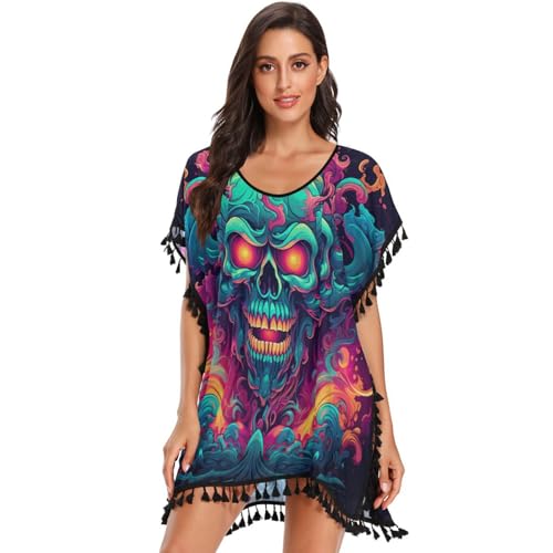 Skull Fire Abstract Art Women's Beach Cover Up Chiffon Tassel Swimwear Swimsuit Coverups for Girl
