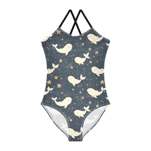 ALAZA Whale Fish Star White Blue Girls Swimsuit Bathing Suit Beach Swimwear One Piece 4T