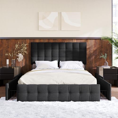 LZPUOUI Canape Abatible de Lino 140x200cm con Almacenamiento de Cuatro Cajones como Estructura de Cama con Cabecero Ajustable y Base para Somier de Dormitorio Habitacion Nueva Negra