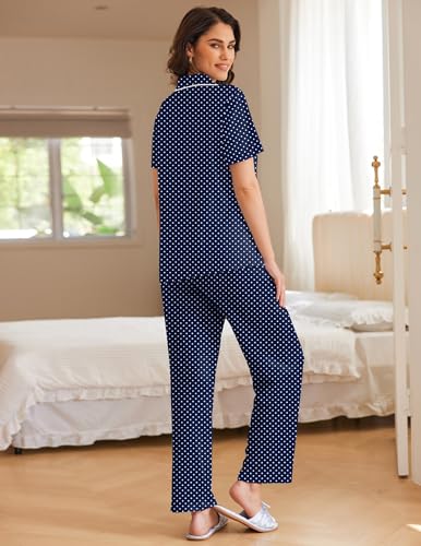 Image of Ekouaer Womens Pajamas Set Short Sleeve Button Down Top & Pants Lounge Pjs | Soft Sleepwear with long pants, ideal for Home relaxation, Wedding, Party, Daily Wear & Breastfeeding