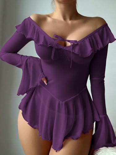 Image of OYOANGLE Women's 2 Piece Off Shoulder Long Sleeve Ruffle Mesh Sheer Nightgowns with Thongs Babydoll Lingerie Set