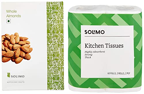 Image of Amazon Brand - Solimo Almonds, 250g,Raw & Amazon Brand - Solimo 2 Ply Kitchen Tissue /Towel Paper Roll - 2 Rolls (60 Pulls Per Roll)