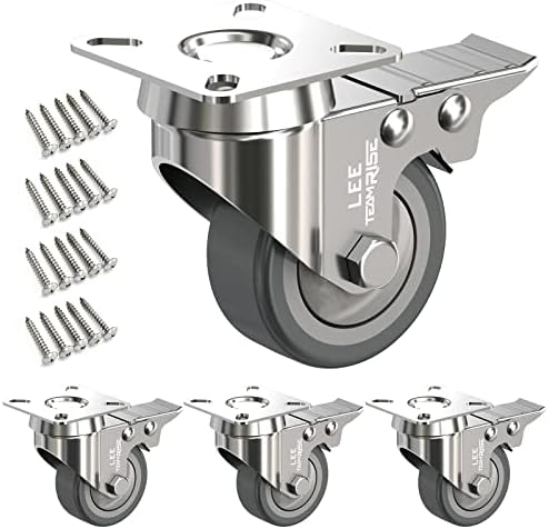 2" Caster Wheels Set of 4 Heavy Duty Plate Casters with Brake 2 inch Dual Locking Castors and No Noise TPR Rubber Wheel No Floor Marks Silent Castor Swivel for Furniture 4 Pack up 440Lbs, Free Screws