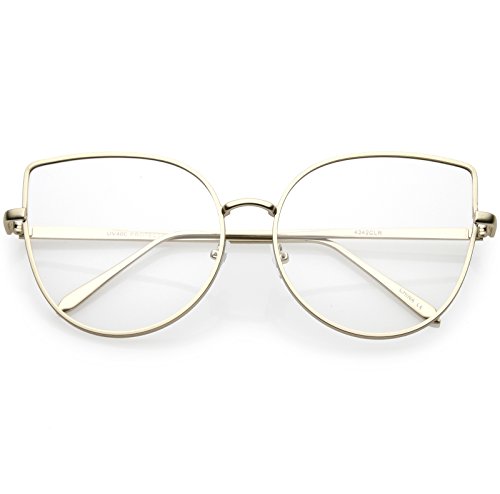 zeroUV - Women's Oversize Metal Frame Slim Arms Flat Lens Cat Eye Glasses 59mm (Matte Gold/Clear)