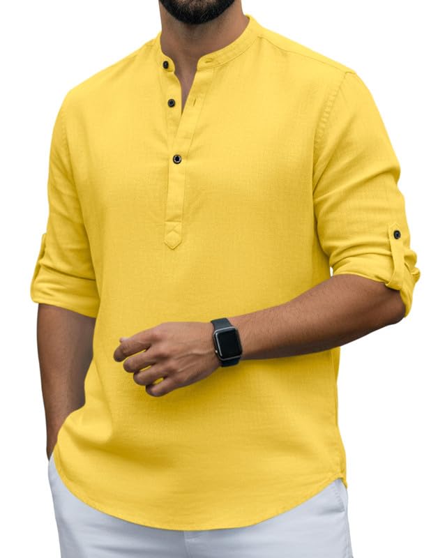 Image of Men Cotton Blend Mandarin Collar Casual Kurta Shirt | Roll-Up Sleeves | Regular Fit Ethnic Short Kurta for Daily