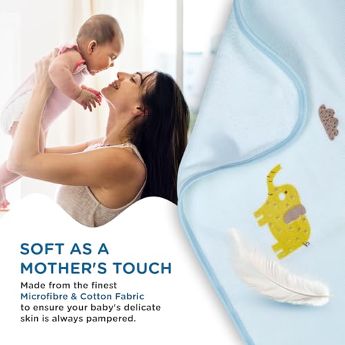 Image of Mee Mee Hooded Baby Bath Towel for New Born | Wash Cloth, Quick Absorbent, Used for Baby Swaddling, Extra Soft Cotton Towels for Kids /Toddlers /Infants /Babies, Pack of 1, (Blue Deer /Elephant) 80X80 CM