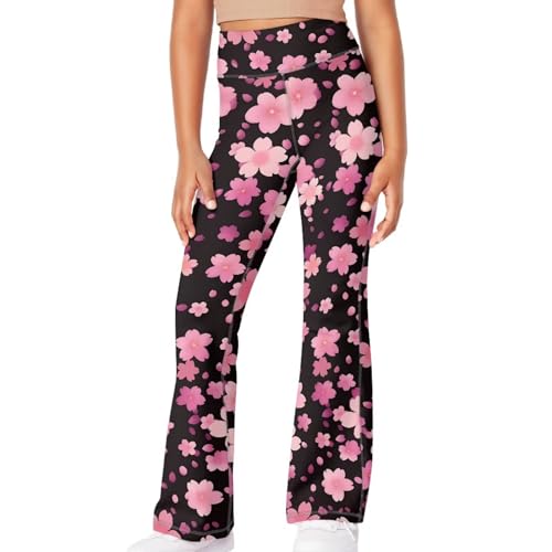 Cherry Blossom Pattern Children's Flared Yoga Pants Stylish High Waisted Long Leggings, 2025 Girls Casual Clothes4
