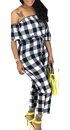 Doufine Macacão feminino justo estilo túnica xadrez, Branco, L