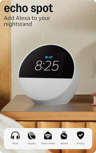 Amazon Echo Spot (newest model), Great for nightstands, offices and kitchens, Smart alarm clock, Designed for Alexa+, Glacier White - 1