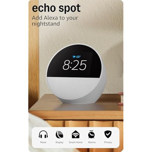 Amazon Echo Spot (newest model), Great for nightstands, offices and kitchens, Smart alarm clock, Designed for Alexa+, Glacier White
