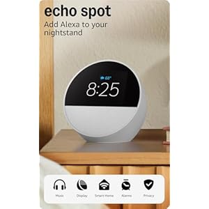 Amazon Echo Spot (newest model), Great for nightstands, offices and kitchens, Smart alarm clock with Alexa, Glacier White