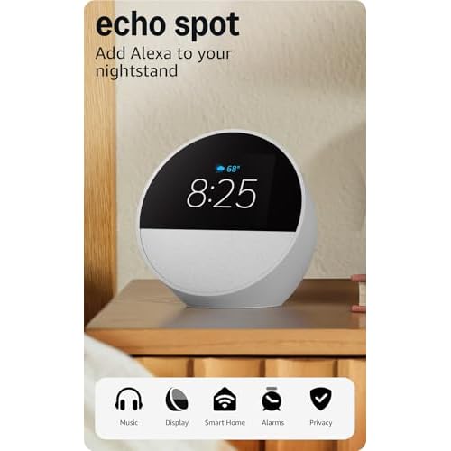 Amazon Echo Spot (newest model), Great for nightstands, offices and kitchens, Smart alarm clock with Alexa+ Early Access, Glacier White