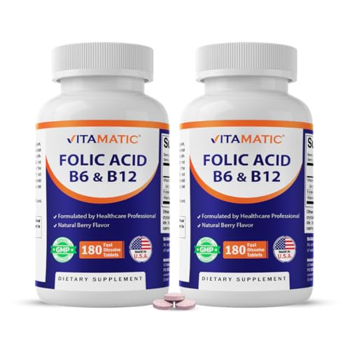 Vitamatic 2 Pack Folic Acid, Vitamin B12 & B6 – 180 Fast Dissolve Tablets Heart Health, Energy Production & Red Blood Cell Support