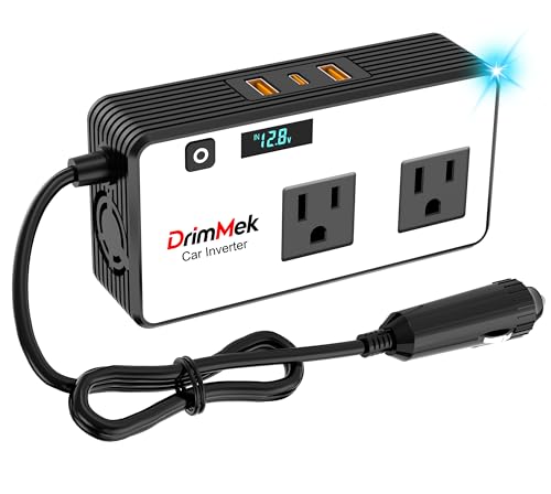DrimMek 200W Car Power Inverter, Car Plug Adapter Outlet 12V to 110V Converter with 24W USB Fast Charging Port, Dual AC Outlet for Laptop, Vehicles, Camping (LED Display)