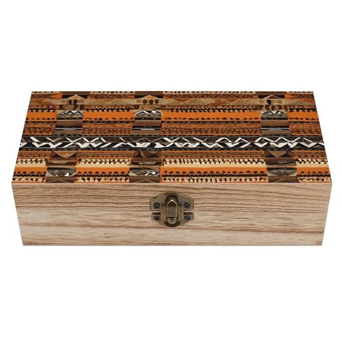 Vintage Solid Wood Storage Box Organizer for Jewelry Keepsakes Desk Decor, Small Decorative Wooden Trinket Box, Dustproof Photo Memory Keepsake Chest for Home Office, African Mud Cloth Tribal Print