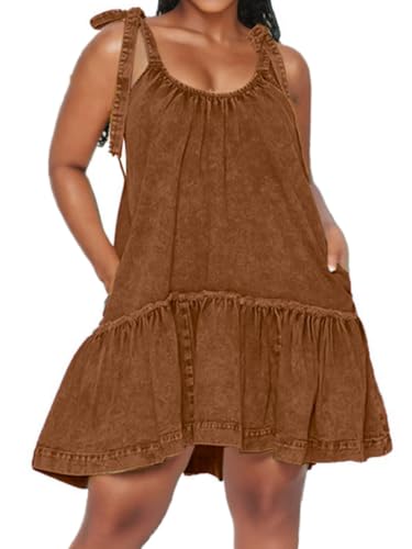 Image of Denim Dress for Women Tie Shoulder Sleeveless Denim Mini Dress Casual Flowy Babydoll Dress Wash Jean Dress