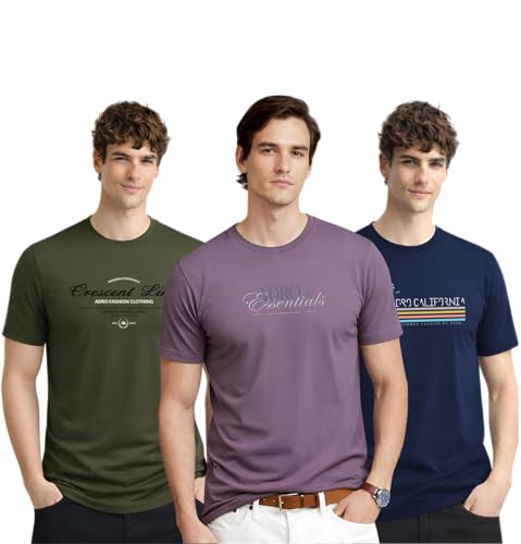 Image of ADRO Mens Printed Cotton T-Shirts Pack of 3 | Regular Fit Graphic Tshirt | Breathable Modern Stylish Casual T Shirt for Travel Gym Daily Lifestyle