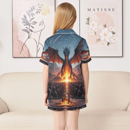 ALAZA Dragon Fire Sunset Satin Pajamas Set Short Sleeve Button Down Sleepwear Summer Pjs 2 Piece4