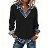 T Shirts for Women UK, Women's Denim Patchwork Sweatshirt Pullover Long Sleeve V-Neck Shirt Blouse Button Down Shirts Trendy Ladies Blouses Tops Casual Lightweight Spring Fall Outfits​ #1