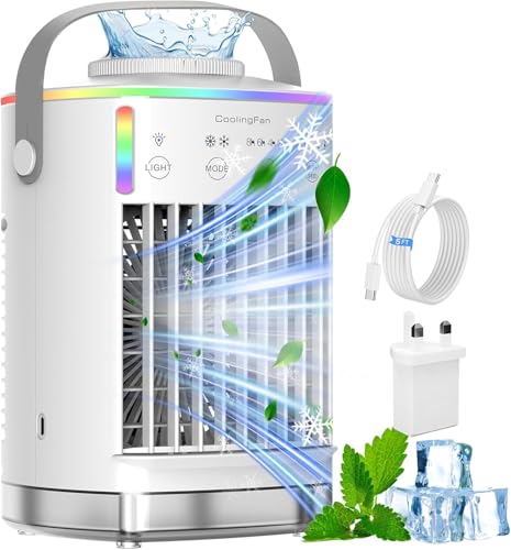 Air Cooler Portable Air Conditioner 4 in 1 Mini Air Conditioner 2 Cool Mist 4 Wind Speeds 7 RGB Light & Timer Personal Use Air Cooler Fan for Home Office Bedroom (White)