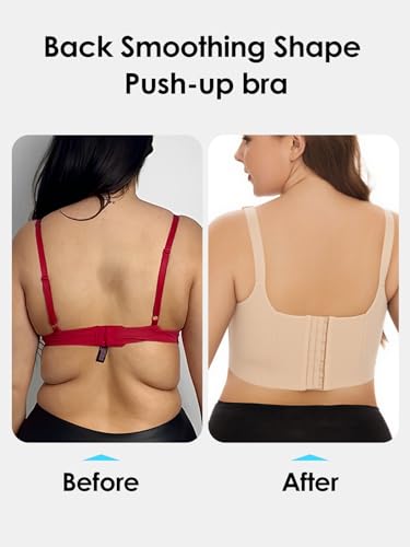 JishinGal Women’s Push Up Bra Full Coverage Seamless Underwire Hide Back Fat, Wide Straps, Smooth Uplift T-Shirt Bra4