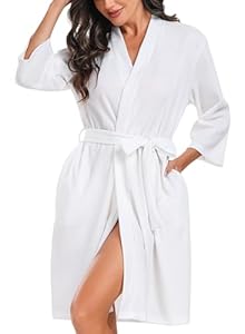Lovasy Peignoir Court Femme en Tricot Gaufré Robes de Chambre Doux et Léger Longueur du Genou Loungewear Col V avec Ceinture A Blanc L