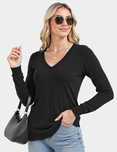 Image of Long Sleeve Knit Lightweight Sweaters Pullover V Neck Basic Spring Fall Sweaters for Women Soft Casual Tops