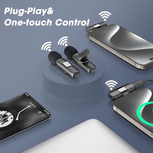 Pacote com 2 microfones de lapela sem fio tipo C para iPhone 15, dispositivos de PC – Mini microfone