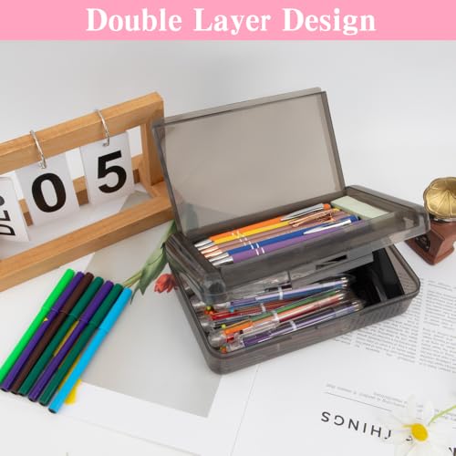 Image of Pencil Case Box, 2 PCS Clear Black Double Layer Large Capacity Plastic Pencil Boxs, Clear Hard Pen Case with Snap-tight Lid,Storage Art Craft Box Marker Organizer for Boy Girl Offices School Supplies