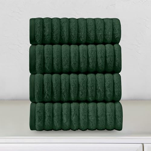 Image of Elegant Comfort Luxury 100% Turkish Cotton Corduroy Ribbed 4 Pack Hand Towel Set 16 x 28 Inch - Absorbent, Super Soft, Quick Dry, Premium Towels for Bathroom, Gym, Spa and Hotel Use, Hunter Green