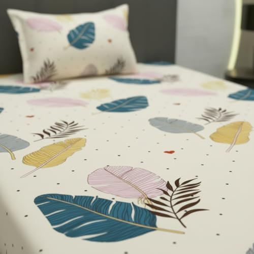 Image of Filymore Single Fitted Bedsheet with 1 Pillow Cover | Cream Leaf Print Bed Sheet for Single Bed | 240 TC Soft Microfiber Elastic Fitted Bedspread Size 72 x 36 Inch | Blue & White