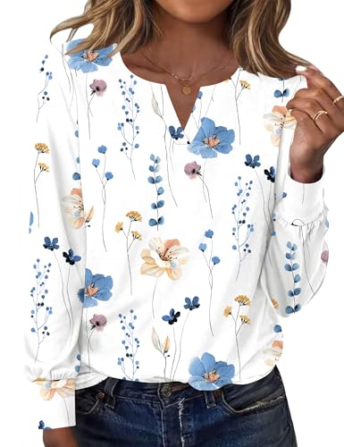 Ivicoer Womens Long Sleeve Henley Shirts V Neck Blouses White Floral, XL