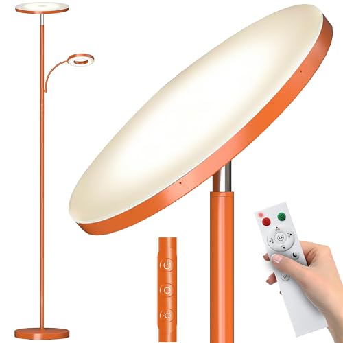 Image of marctronic Orange Floor Lamp, 42W 4000LM Super Bright LED Lamp with Reading Light for Living Room Bedroom Office, Touch Control, Dimmable Standing Lamp with Remote