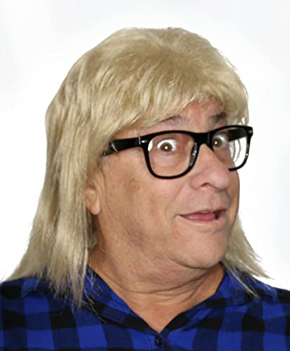 City Costume Wigs Garth WIg Blond Party Dude Men's Wig Long with Bangs and Glasses, 80s or 90s Punk Rocker Metal Mullet Wig