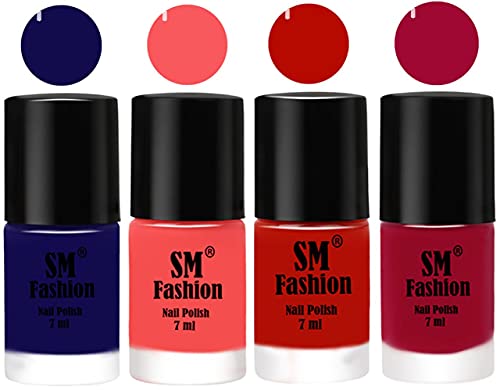Image of Nail Polish Combo Set (Pack of 4) Quick Dry Gel Finish Nail Paint | Dark Blue,Light Pink,Red Orange,Pure Wine | 7 ml Each
