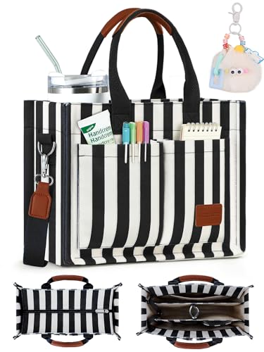 Image of BECOJADDE Structured Canvas Tote Bag for Women, Multi-Compartment Zippered Purse for Work Bible Travel