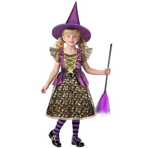 BSBUY Halloween Kostüm Kinder 4PC Schwarz Lila Hexenkostüm Set mit Hexenkleid/Zaubererhut/Hexen-Zauberbesen/Tattoo-Aufkleber Zauberer Kostüm Kinder Hexenkostüm Mädchen für Karneval Fasching Cosplay L