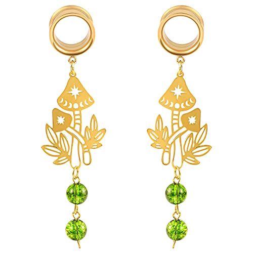 Doearko 2Pcs Mushroom-Pendant Natural Stone Hypoallergenic Stainless Steel Dangle Ear Plugs Tunnels Ear Gauges Stretcher Pair Selling 2G 0G Piercing Body Jewelry (22Mm(7/8"), Gold) #TOP20