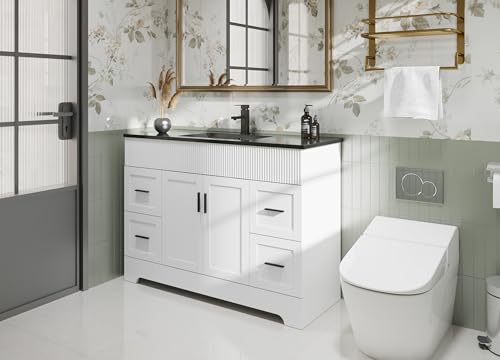 Image of eclife 48 inch Bathroom Vanities Sink Combo with Painted Surface, Modern Drawered Cabinet W /Decorative Wave Lines, Undermount Single Black Sink, Matte Black Faucet Drain, White