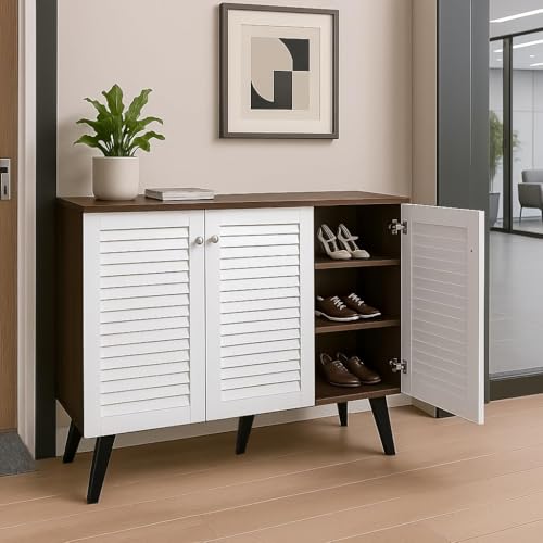 Image of Mevigo Wooden Shoe Rack Cabinet for Entryway - Modern 3 Door 6-Tier Storage Organizer, Wooden Cupboard for Home, Space Saving Shoe Rack Wallnut Shoes Storage Cabinet -White-VA1