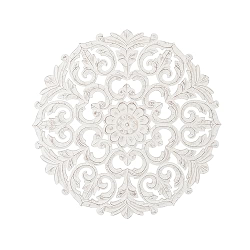 Image of JFY Designs Varinia Hand Carved Wood Medallion Wall Panels Bedroom Decor | Wall Mount Floral Sculpture Wall Art for Living Room, Bedroom Set, White Distressed Finish, Round 30 x 30 inch