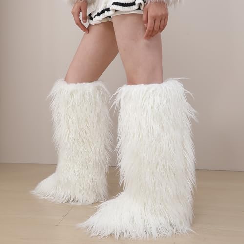 Image of Valpeak Faux Fur Tall Furry Boots for Womens,Long Winter Boots for Girls,Mongolian Fluffy Boots for Kids Fuzzy Knee-High Boots