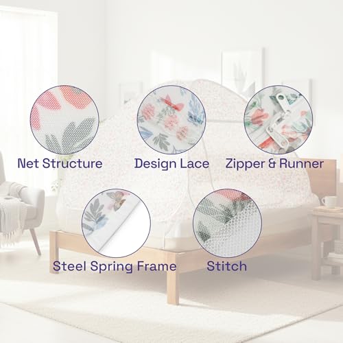 Image of Wakefit Floral Print Mosquito Net for Double Bed | King Size Foldable Machardani | Lightweight & Breathable | Polyester 30GSM Strong Net | PVC Coated Corrosion Resistant Steel Wire - Floral