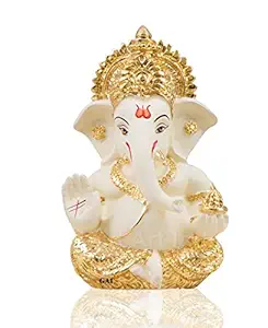 Gold Art India Ganesha Gold Plated Idol for Car Dashboard Ganesha Murti Ganpati Idol for Home Decor Puja Lord Ganesh Statue Gift for Office Desk Puja Room Figurine (Gold and Cream)