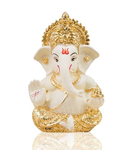 Gold Art India Gold and Silver Ganesh Idol for Car Dashboard Ganesha Murti Ganpati Idol for Home Decor Puja Lord Ganesh Statue Gift for Office Desk Puja Room Figurine (Gold and Cream)